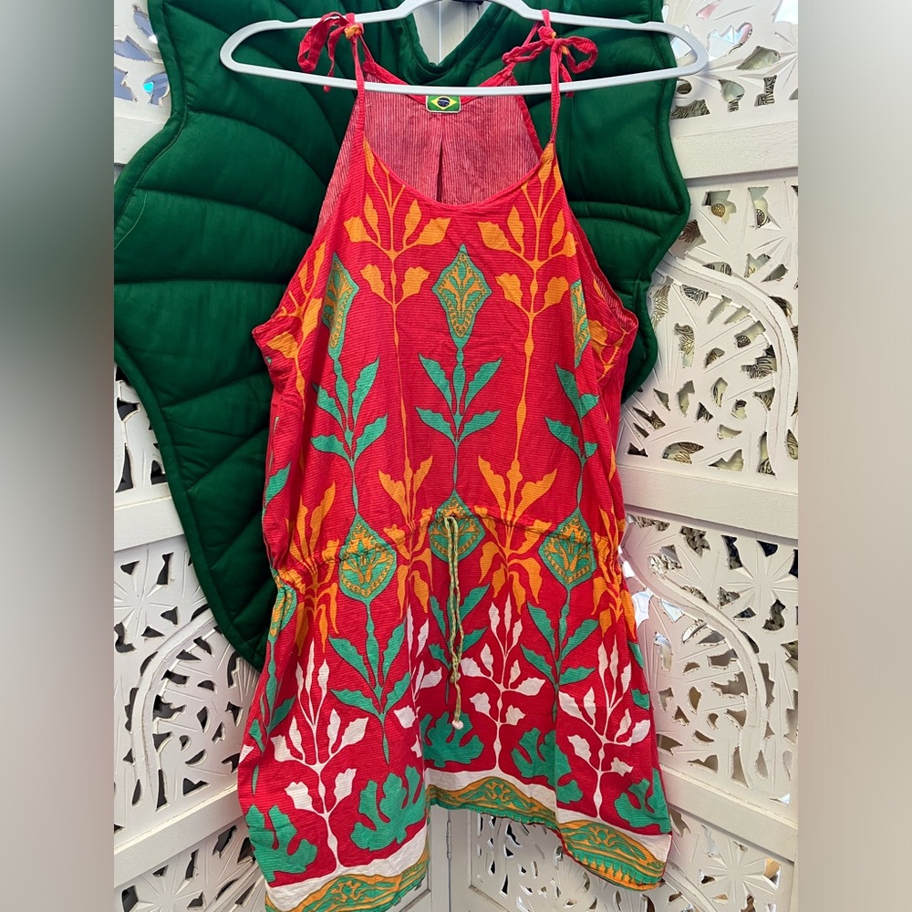 *Farm Rio” red floral mini dress with tie waist and tie straps. Racerback cut